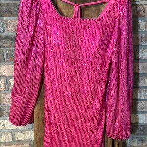Amazon Pink Sequin Sheath Dress with Bishop Sleeves